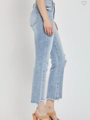 Light Wash High Rise Crop Bootcut Jeans With Distressing and Fray Bottom