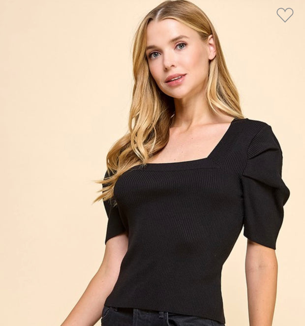 Black Square Neckline Knit Top With Puff Sleeve