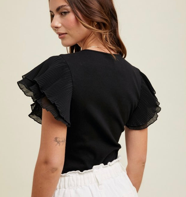 Black Pleated Flutter Sleeve Ribbed Bodysuit