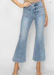 Light Wash-High Rise-Crop Flare-Front Patch Pocket Jeans