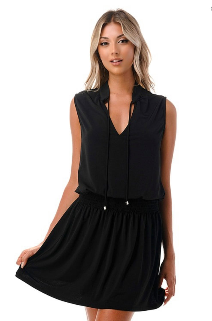 Black Smocked Waist Sleeveless Dress