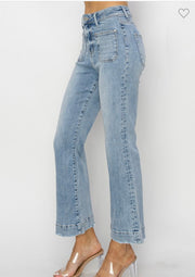 Light Wash-High Rise-Crop Flare-Front Patch Pocket Jeans