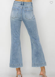 Light Wash-High Rise-Crop Flare-Front Patch Pocket Jeans