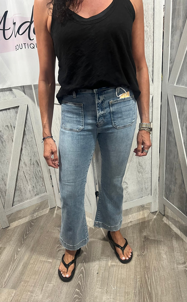 Light Wash-High Rise-Crop Flare-Front Patch Pocket Jeans