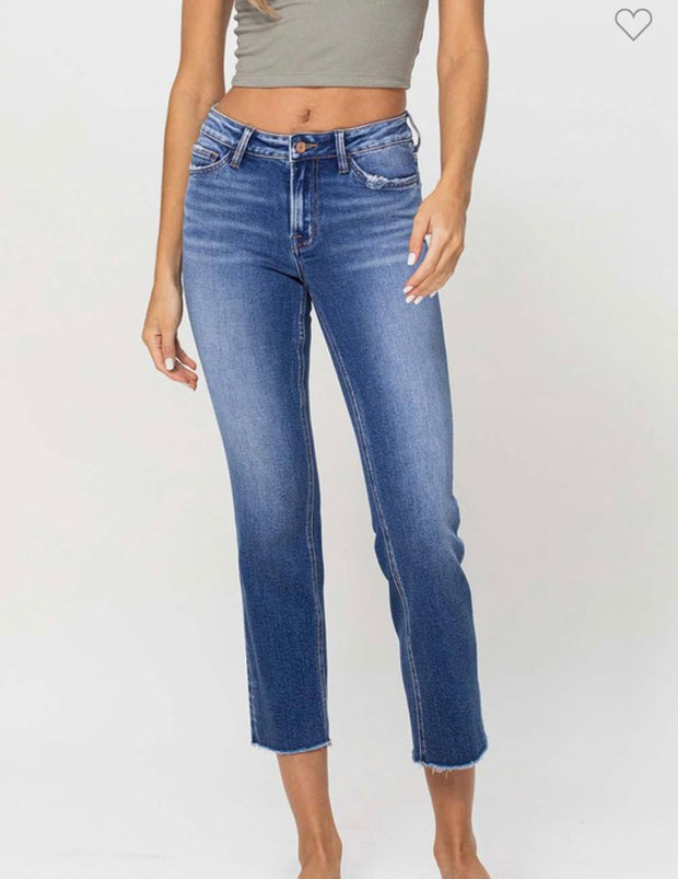 Mid Rise Crop Straight Jeans with No Rips