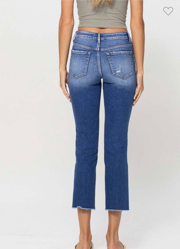 Mid Rise Crop Straight Jeans with No Rips