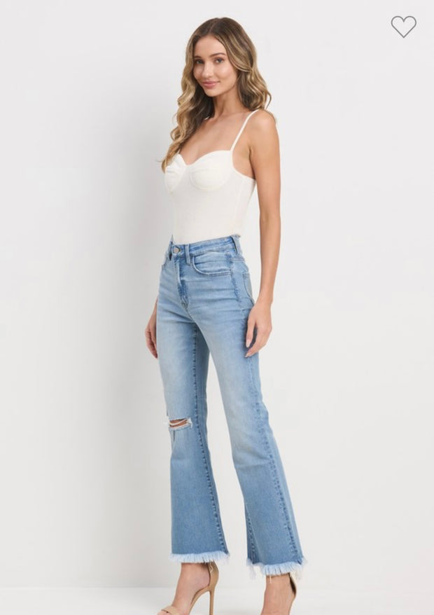 Crop Flare Jeans With Knee Slit & Frayed Hem