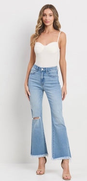 Crop Flare Jeans With Knee Slit & Frayed Hem
