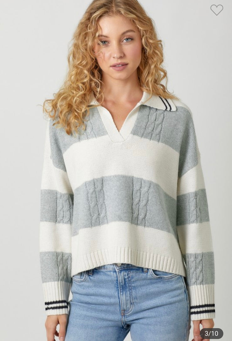 Ivory/Grey V Neck Multistripe Sweater