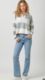 Ivory/Grey V Neck Multistripe Sweater