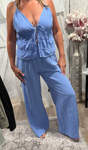 Blue Cotton Open Front Top & Pant Available Wide Leg Pant With Wide Elastic Stretchy Waist- SET