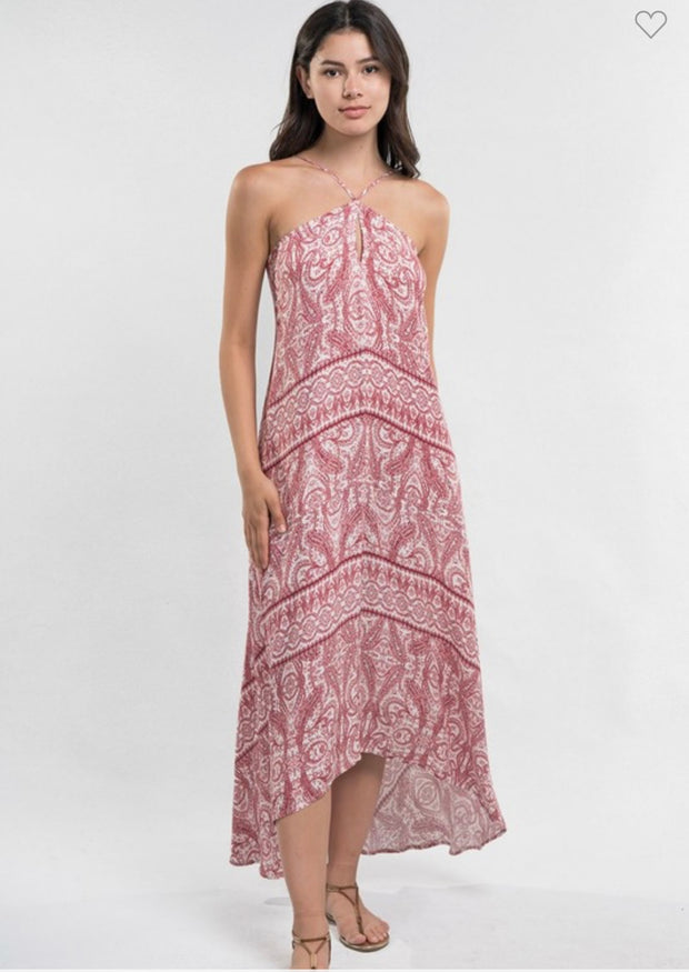 Red Paisley Printed Halter Maxi Dress