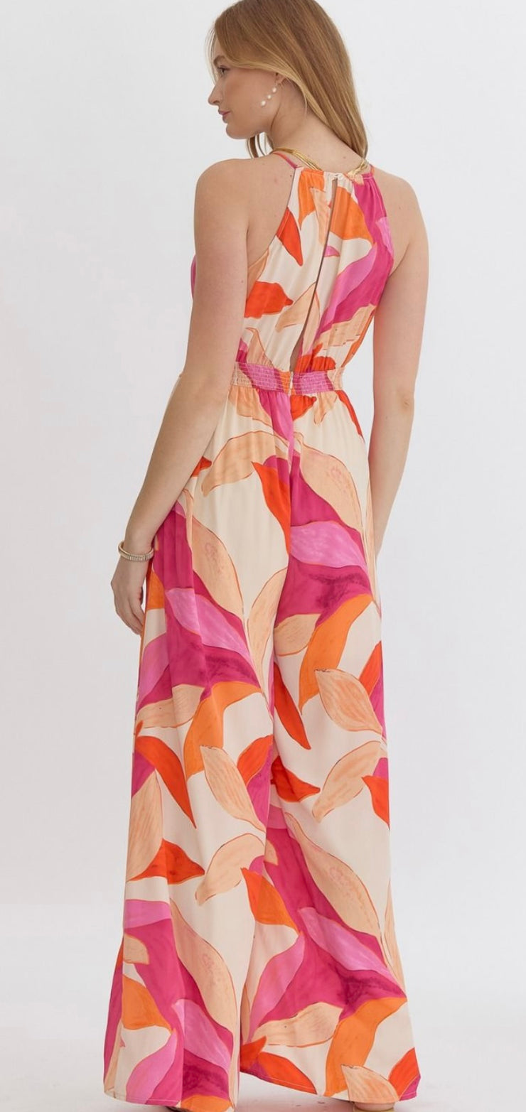 Pink Printed Halter Jumpsuit