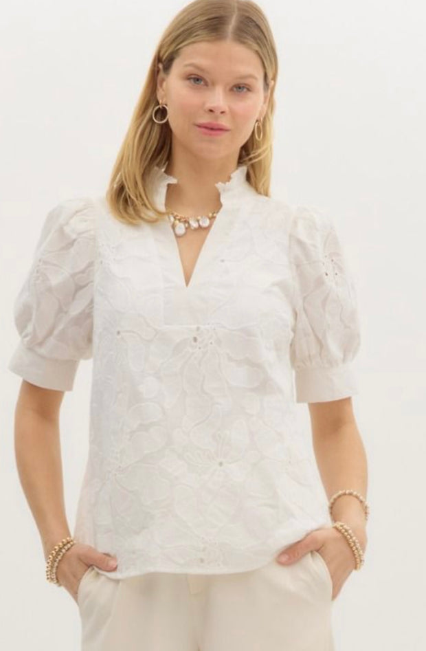 White Floral Embroidered Short Puff Sleeve V neck Top