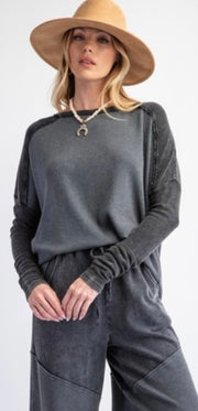 Black Washed Thermal Mix Knit Top- Matching Pant Available