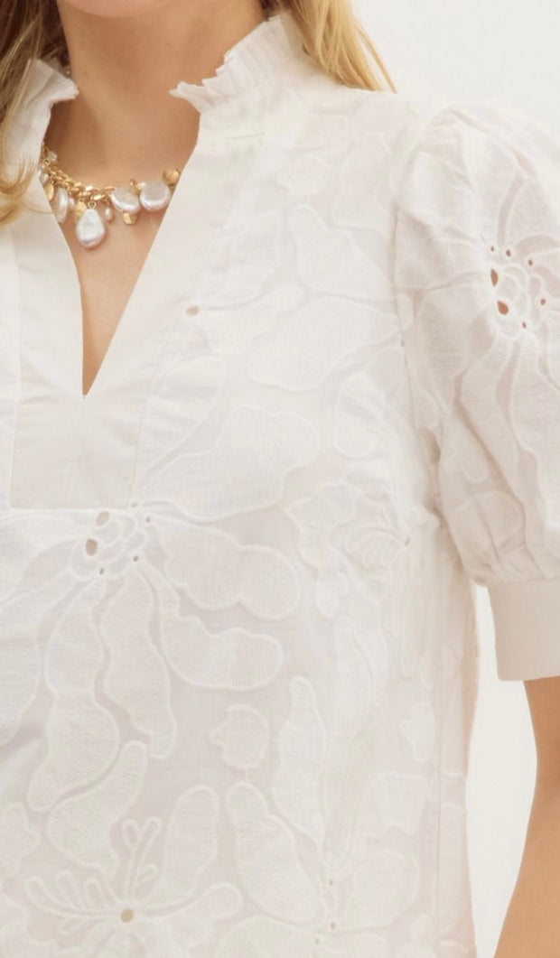 White Floral Embroidered Short Puff Sleeve V neck Top