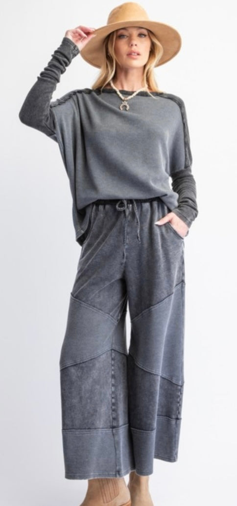 Black Washed Thermal Mix Knit Top- Matching Pant Available