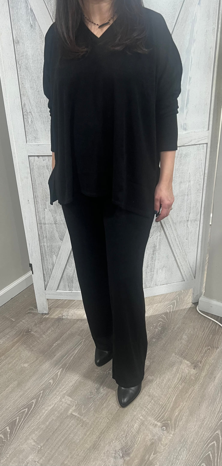 Black V Neck Loose Fit Top With Wide Leg Knit Pants/Set