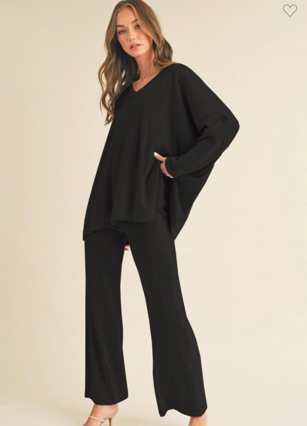 Black V Neck Loose Fit Top With Wide Leg Knit Pants/Set