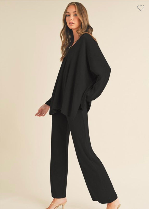 Black V Neck Loose Fit Top With Wide Leg Knit Pants/Set