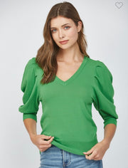 Green Puff Sleeve V Neck Sweater