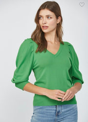 Green Puff Sleeve V Neck Sweater