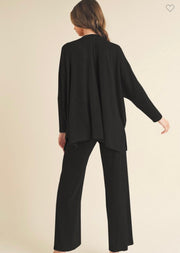 Black V Neck Loose Fit Top With Wide Leg Knit Pants/Set