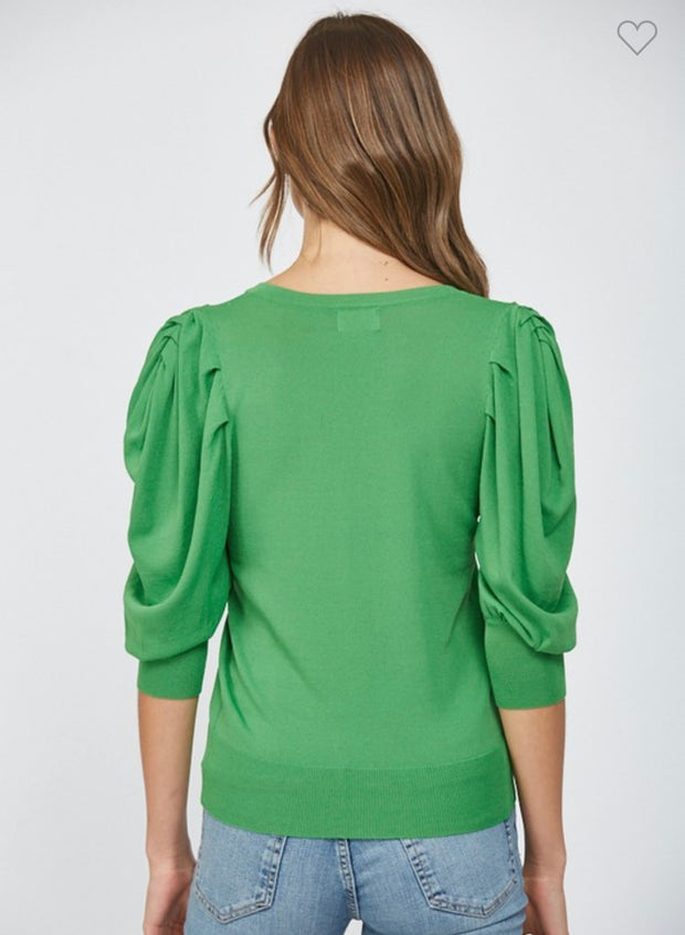 Green Puff Sleeve V Neck Sweater