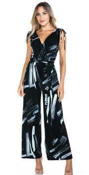 Black Print Surplice Wide Leg Jumpsuuit