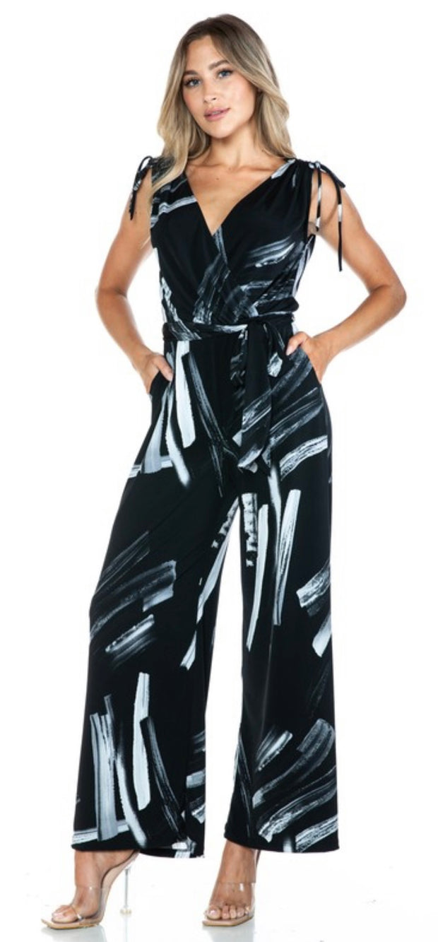 Black Print Surplice Wide Leg Jumpsuuit