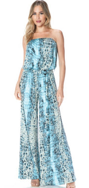 Aqua Print Tube Jumpsuit With Matching Belt