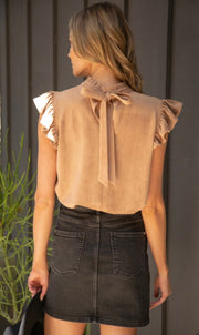 Taupe Suede Ruffle Sleeve Top