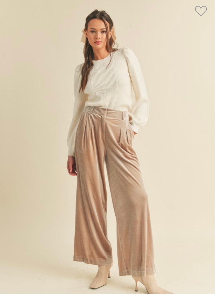 Taupe Wide Leg Velvet Pants- Also available in Black