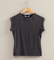 Black Mineral Washed Fitted Cap Sleeve Top