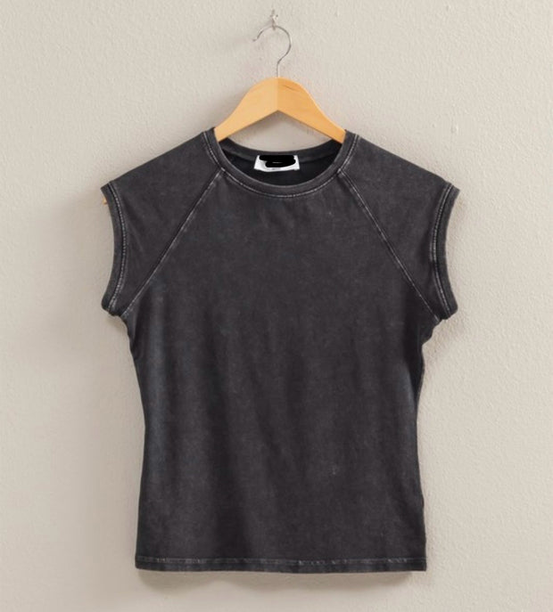 Black Mineral Washed Fitted Cap Sleeve Top