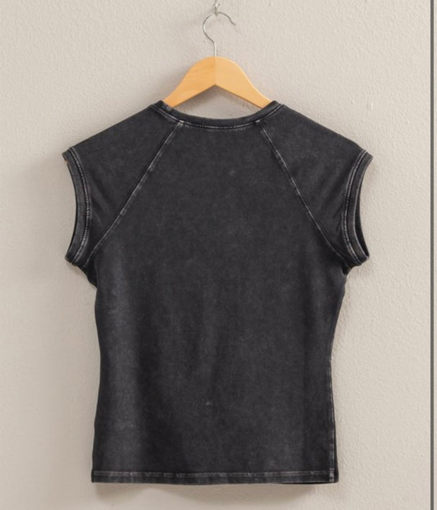 Black Mineral Washed Fitted Cap Sleeve Top