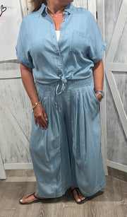 Blue Denim Tencel Relaxed Fit Short Sleeve Button Down Top- Matching Pants Available Separately