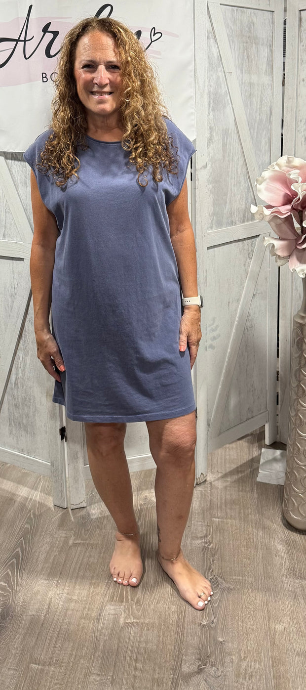 Short Sleeve T Shirt Dresses- Available in Indigo & Coral