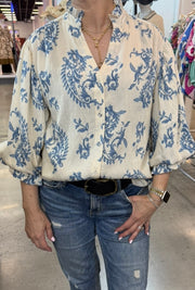 Blue Print Button Down Top With 3/4 Length Balloon Sleeves- Also comes in Fuchsia