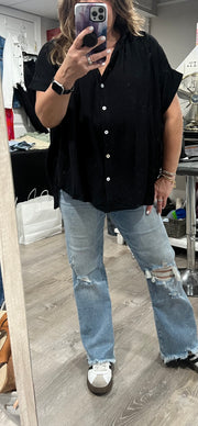 Black Smocked Fabric Button Down Top