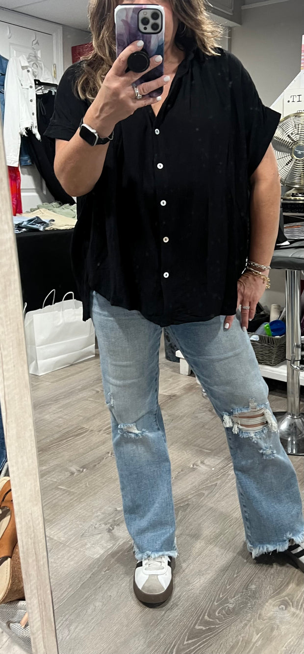 Black Smocked Fabric Button Down Top