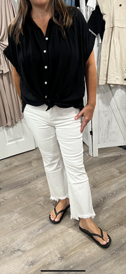 Black Smocked Fabric Button Down Top