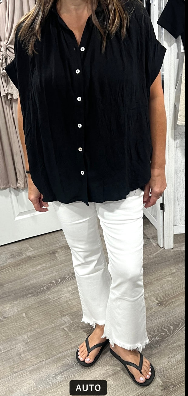 Black Smocked Fabric Button Down Top