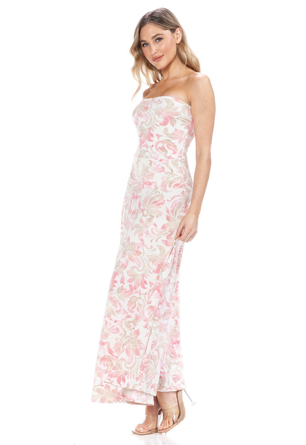 Ivory Print Tube Flare Maxi Dress