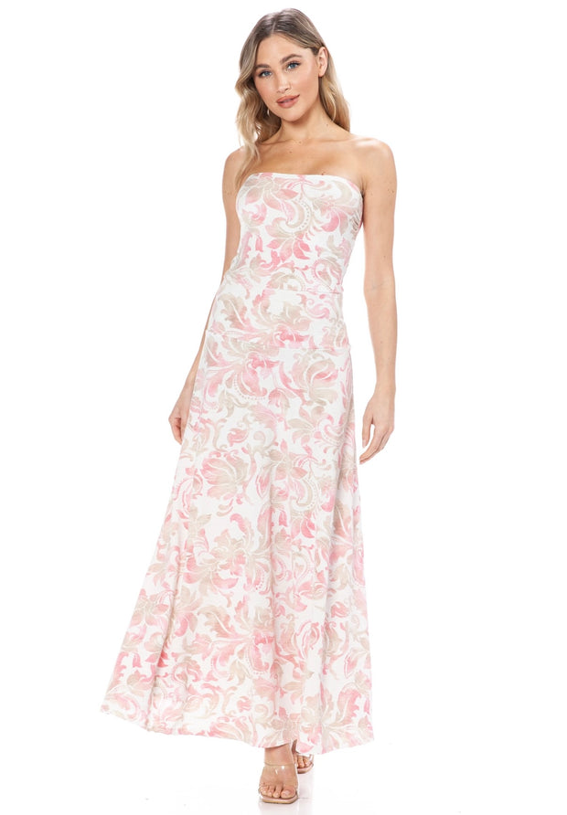 Ivory Print Tube Flare Maxi Dress