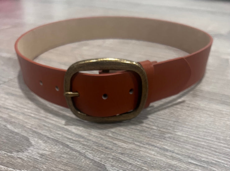 Cognac Vegan Leather Belt with Antique Brass Buckle