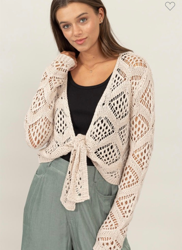 Crochet Knit Tie-Front Cardigan- Available in Black & Beige