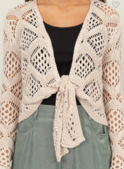 Crochet Knit Tie-Front Cardigan- Available in Black & Beige