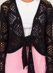 Crochet Knit Tie-Front Cardigan- Available in Black & Beige