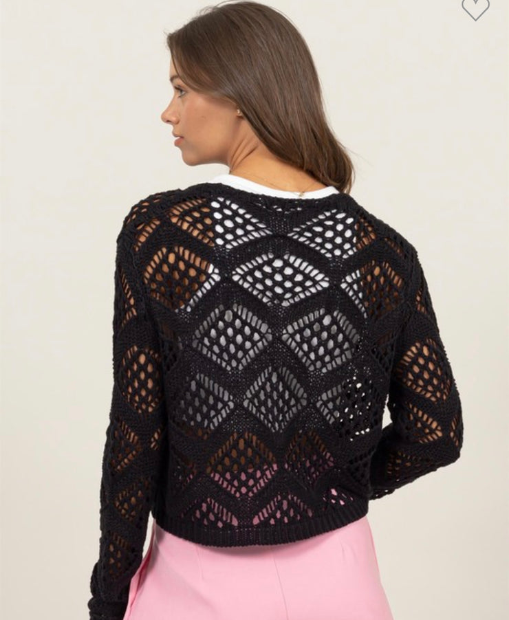 Crochet Knit Tie-Front Cardigan- Available in Black & Beige